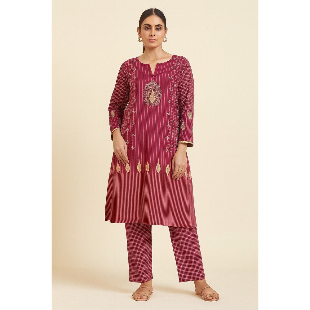 Handmade magenta shirt dress tunic kurta‎ modest blouse & palazzo trouser Medium
